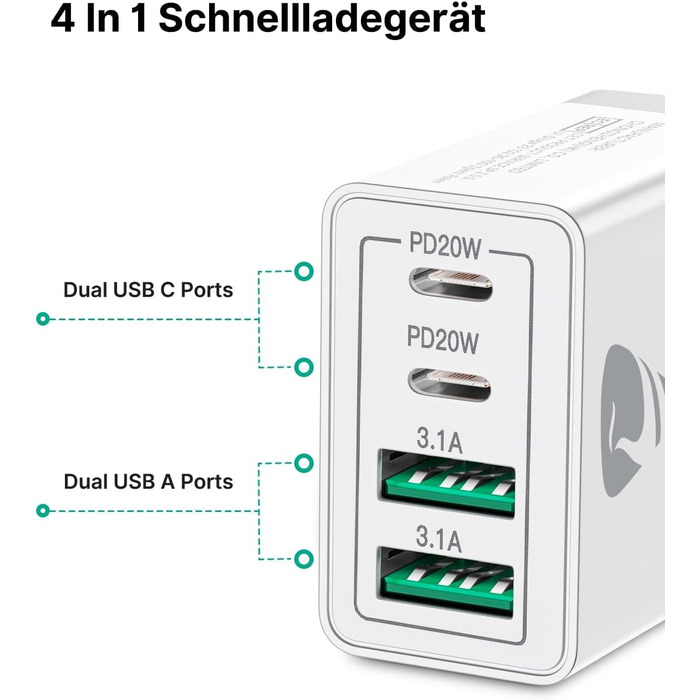 Подвійний зарядний пристрій USB-C Aioneus 40W з 4 портами PD+QC, багатопортовий адаптер живлення для iPhone 15, Samsung та інших смартфонів