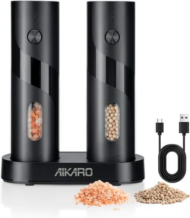 Електрична млинка для солі та перцю Aikarо - автоматична, з акумулятором, перезарядна база в комплекті