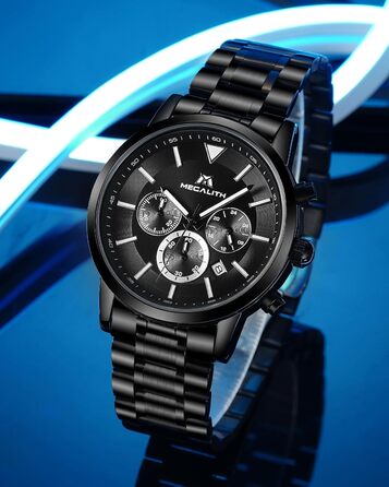 Чоловічий годинник MEGALITH з нержавіючої сталі, хронограф, велике циферблат, водостійкий, з датою, для роботи та відпочинку. Стильний подарунок для чоловіків (8345 Чорний)