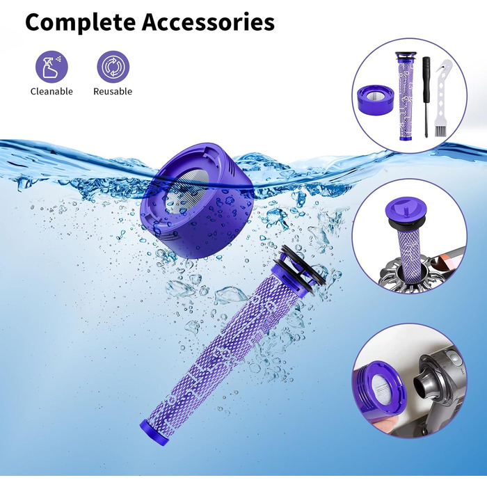 Запасний акумулятор V8 для пилососів Dyson, 4600mAh, сумісний з моделями SV10 Absolute Animal Fluffy Motörhead Exclusive Total Clean (2 фільтри + 1 викрутка + 3 шурупи + 1 щітка)