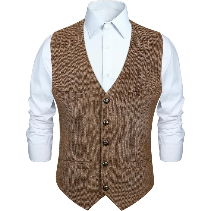 Жилет чоловічий HISDERN Vintage Tweed, скроєний для ділового стилю та вечірніх подій, з кишенями, темно-сірий (L, Коричневий-1)