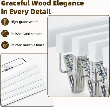 Дерев'яні вішалки для штанів та одягу HOUSE DAY, 25 шт. з кліпсами, білі, 35,5 см, поворотний гачок 360°