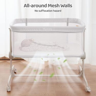 Ezebaby Bedside Sleeper, 2-in-1 Baby Bed from Birth up to 9 kg, Co-Sleeper with 7 Height Adjustments, Includes Mattress/Foldable Side Rail/Wheels, Mesh Fabric Crib (Dark Grey)