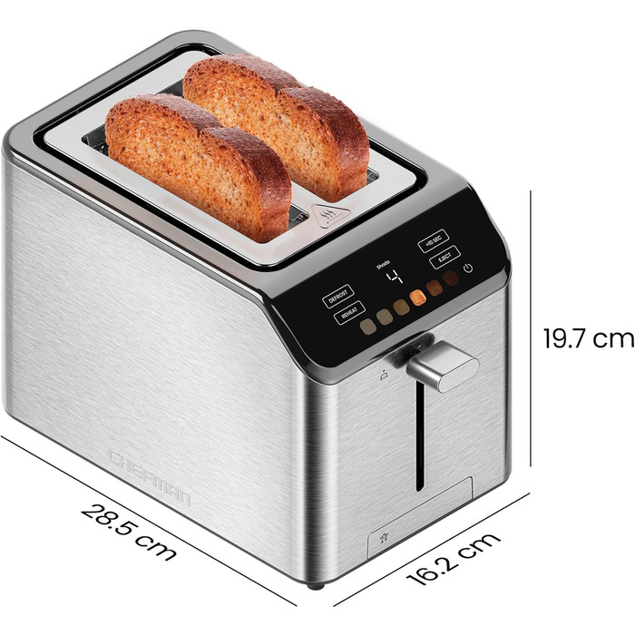 Тостер Chefman з цифровим керуванням, нержавіюча сталь, 2 слоти, 7 рівнів підсмажування, для тостів, багетів та розморожування