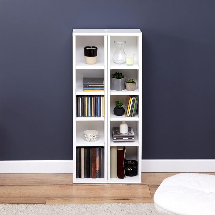 CD DVD BluRay Regal Chart in White – Two-Piece Media Shelf, Storage, CD Stand with 10 Compartments for up to 160 CDs, 20x187 cm (W x H)