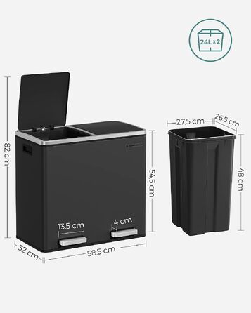 Сміттєвий кошик SONGMICS PARY LTB48BK з розділенням на 2 відсіки по 24 л, сенсорна педаль та Softclose, чорний