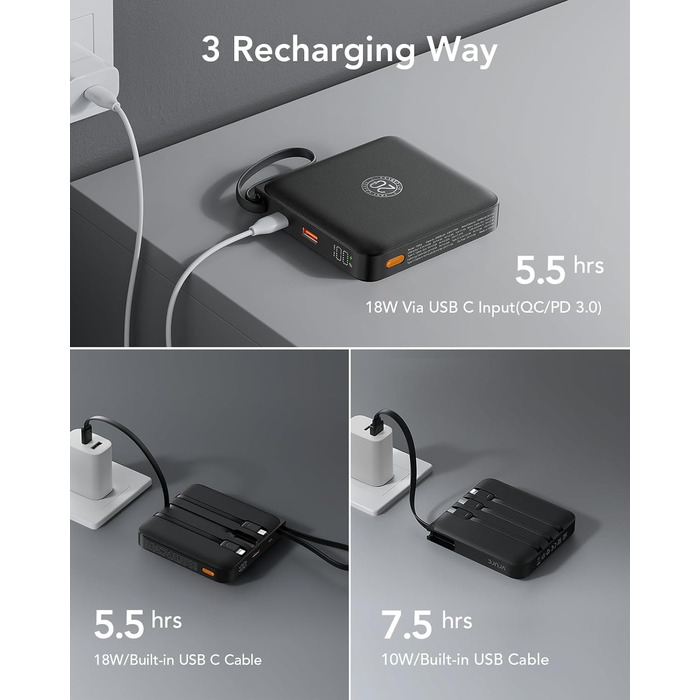 Power Bank VRURC з кабелем: швидка зарядка USB-C, павербанк
