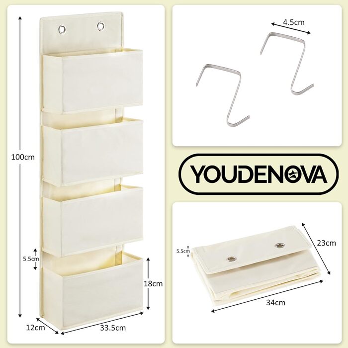 Органайзер для дверей Youdenova з 4 кишенями та 2 гачками, настінна підвісна полиця для зберігання, для ванної, спальні, дитячої кімнати (Бежевий)
