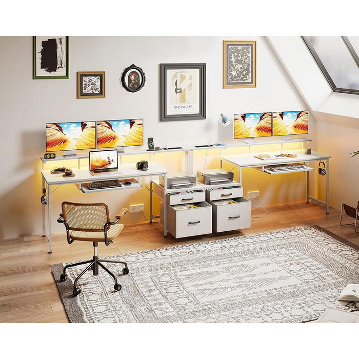 Ігровий стіл Coleshome з LED підсвічуванням, білий, 140x48 см. Стіл для комп'ютера з тканиними ящиками, 2 розетками та 2 USB-портами, з підставкою для монітора. Підходить для дому та офісу.