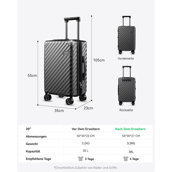 LUGGEX Carry-on Suitcase Hard Shell with Wheels - Expandable to 38L - Robust Polycarbonate for Stress-Free Travel (Black, 55*35*23CM)