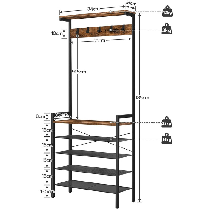 HOOBRO Coat Rack, 5-Tier Shoe Shelf, Wardrobe, Clothes Rack with 5 Removable Hooks, Top Shelf, Entryway, Living Room, Vintage Brown-Black EBF74MT01