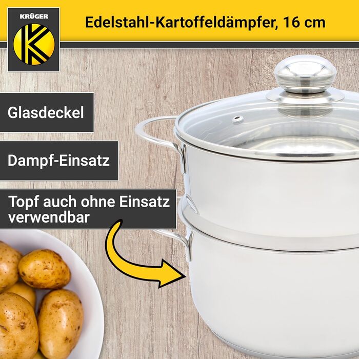 Каструля-пароварка для картоплі Krüger з нержавіючої сталі з кришкою, біо-пароварка з зручним краєм для виливання та енергозберігаючим капсульним дном, 16 см