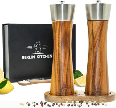 Набір млинів для солі та перцю BERLIN KITCHEN, акація та нержавійка, керамічний механізм, подарунковий набір, регульований помел