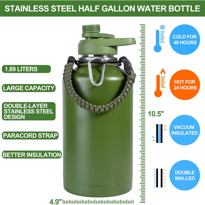 Kalawen Stainless Steel Water Bottle 2.2L Sports Bottle Fitness Water Bottle Leak-Proof Keeps 48h Thermo and 24h Cold Water Bottle Sports BPA Free Water Bottle Outdoor Carbonated Suitable