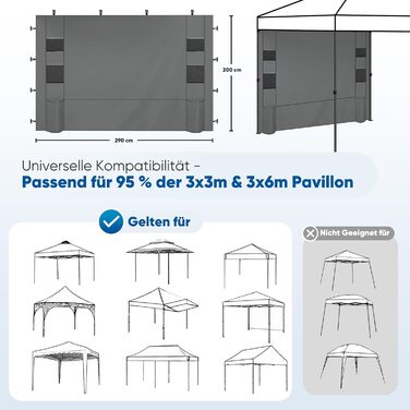 Sekey 1PCS Side Walls for Gazebo 3x3 Waterproof, Winterproof with Storage Compartments, Side Walls for Gazebo Party Tent Garden Tent 3x3m, Grey