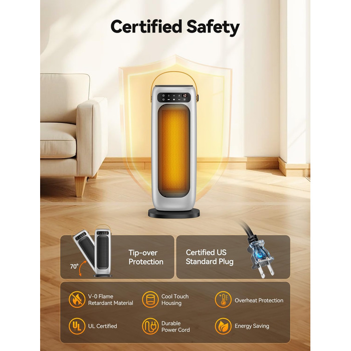 Електричний обігрівач PTC керамічний 1500W з пультом, 4 режими, осциляція 110°, таймер 1-10 год, захист від перегріву та перекидання. Компактний обігрівач для дому (сріблястий)