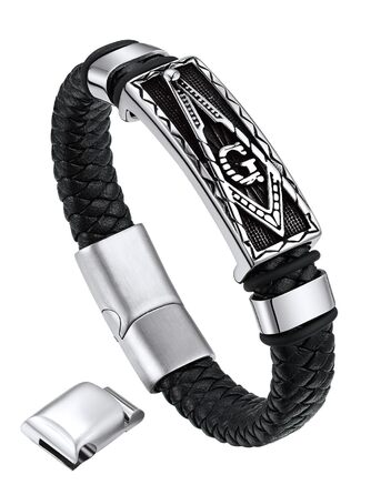 Браслет шкіряний чоловічий Bandmax Mjölnir/Череп/Масонство, з магнітною застібкою, сріблястий, 23 см