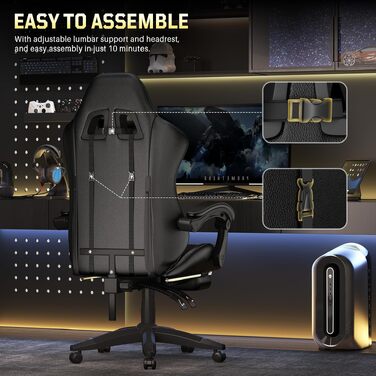 Ігрове крісло Bigzzia Ergonomic Gaming Stuhl з підніжкою та функцією масажу, чорне