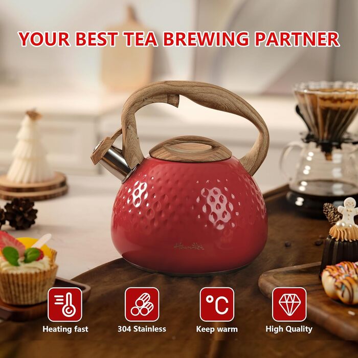 Чайник Harriet Teekessel для плити, 2,5 л, з флейтою, 5-шаровий, з нержавіючої сталі, з термостійким ручками, для газових та електричних плит, червоний, блискучий