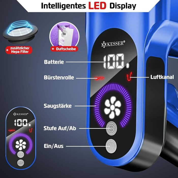 Бездротовий акумуляторний пилосос KESSER® з LED-дисплеєм, до 60 хв роботи, тихий, без мішка, з антинамотувальною насадкою, HEPA-фільтр, аромадиск (Синій/Золотий)