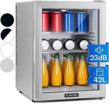 Klarstein Mini Fridge with Glass Door - Beverage, Snack & Cosmetic Cooler, Compact & Quiet, Adjustable Shelves, Skincare Fridge 12-18°C, 42L, Silver