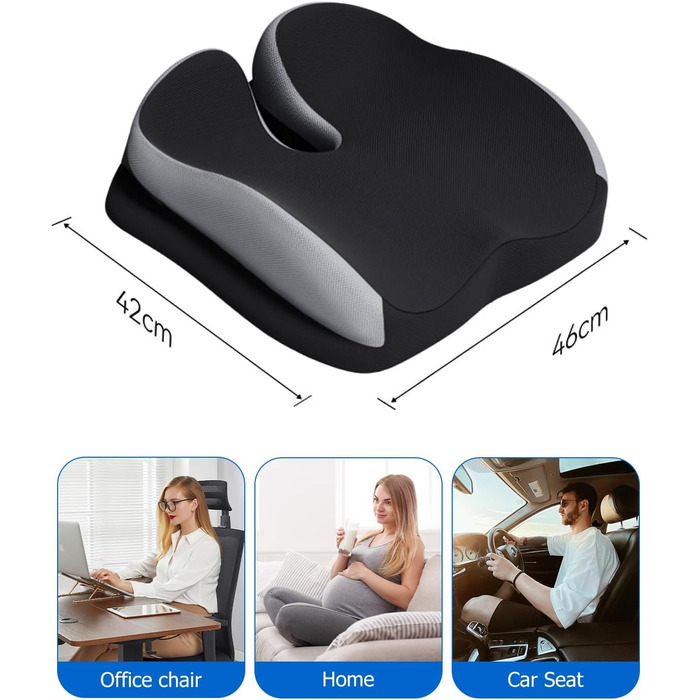 Подушка для сидіння Xespis: ергономічна, з піною Memory Foam, для офісного крісла, ортопедична, для підтримки попереку та куприка, для зменшення тиску на сідниці, для інвалідного візка (чорна)