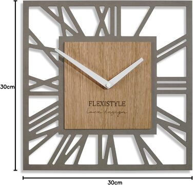 FLEXISTYLE Wall Clock No Ticking Sound Modern LOFT Piccolo Square 30cm Living Room Bathroom, z219n (Gray Oak)