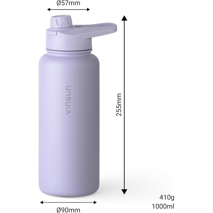 Stainless steel water bottle, purple, 1L - Straw, drinking spout - leak-proof, carbonated beverage compatible, BPA-free - Thermos bottle, sports, outdoor, school, university, bicycle, hiking, gym