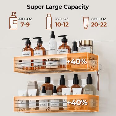 Полка для душу Orimade без свердління з 5 гачками, 2 шт. з нержавіючої сталі, срібло