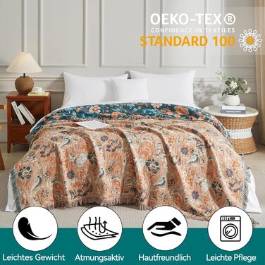 Богемна ковдра Boho 150x200 см з 100% бавовни, двостороння муслінова ковдра, плед для дивану та ліжка, patchwork, літня ковдра для вітальні, зелено-бежева (230x250 см, квіти та птахи)