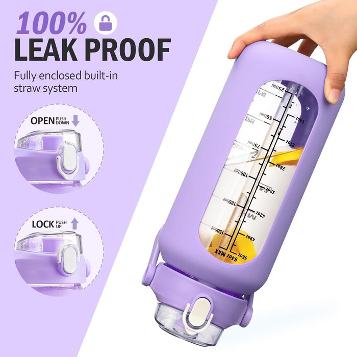2L Glass Water Bottle with 2 Lids Flip and Go Lid 2 Liter Large Water Jug with Time Marker and Silicone Sleeve BPA-Free Leakproof for Sports Gym, (Purple)