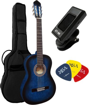 Набір гітар: класична гітара, блакитна дека з липи, тюнер, чохол, 3 пліка, для початківців