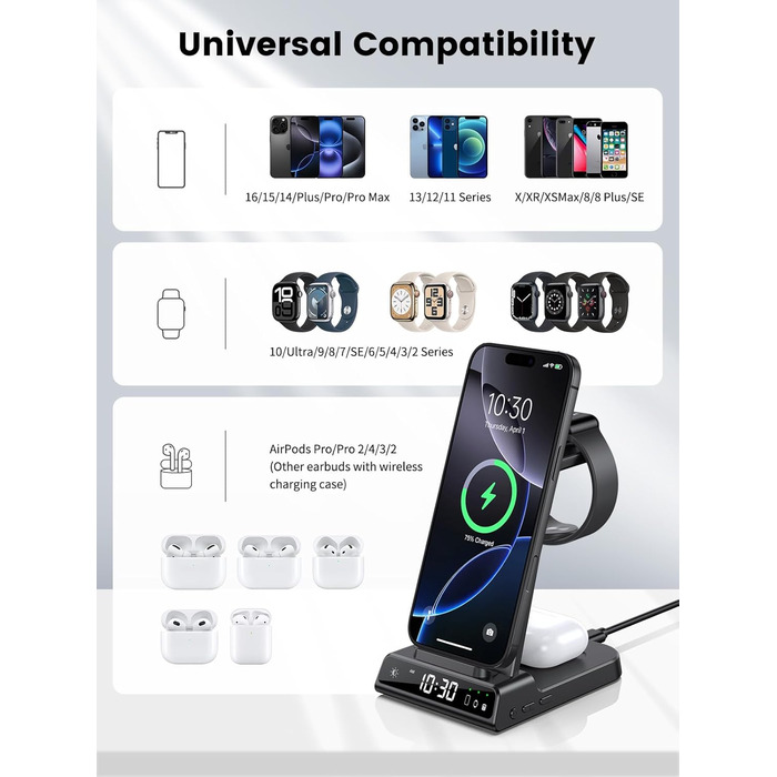 Зарядна станція 3-в-1 для Apple: iPhone 16/15/14, Apple Watch 10/9/8/7/6/SE та AirPods Pro/4. Бездротова зарядка