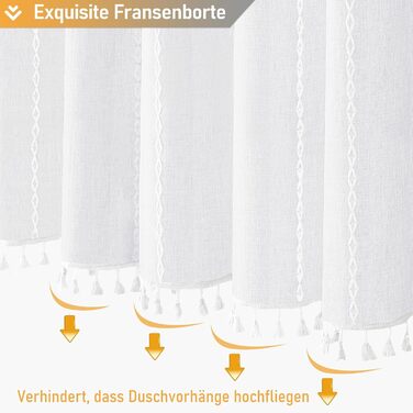 Тканинний душовий завіс BTTN 182 x 200 см, Бохо-фермерський стиль, з кистями, водовідштовхувальний, з вагою, 12 гачків, (Білий, смугастий)