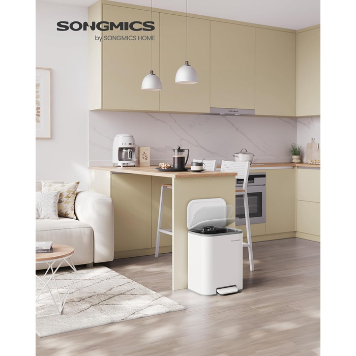 Відро для сміття SONGMICS 20 л з кришкою, з педаллю, сталеве, Soft-close, біле (LTB542W02)