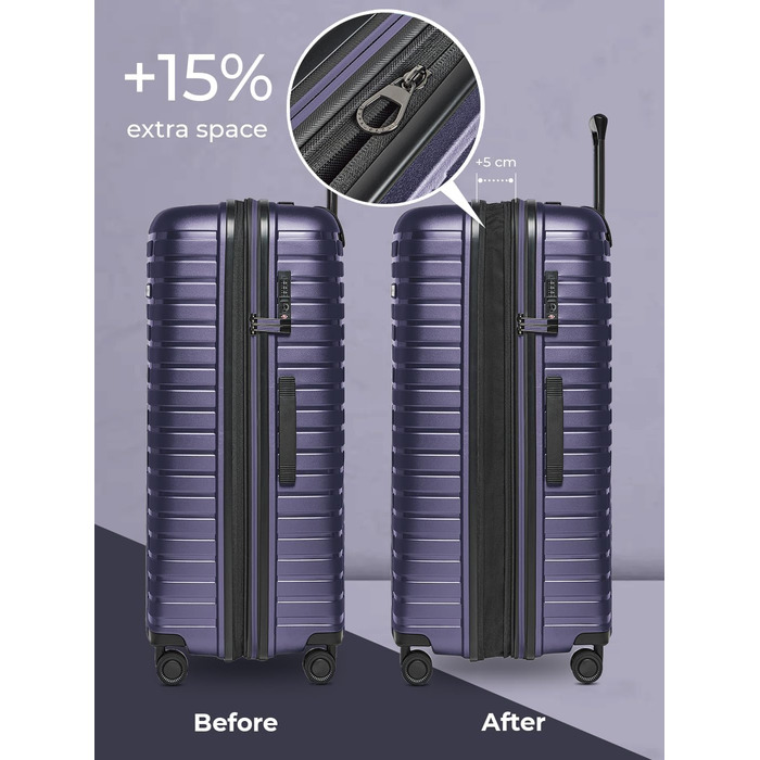 Чохол-валіза на колесах, середній, 45 x 25 x 66 см, розширюється до 75 літрів, з поліпропілену, 4 колеса, TSA-замок, Collection 04 (фіолетовий металік), набір (3 шт.) розширюваний