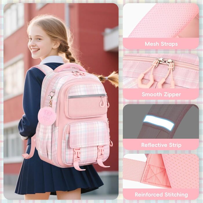 Шкільний рюкзак Tanou для дівчаток, ергономічний, великий, рожевий, з принтом в клітинку