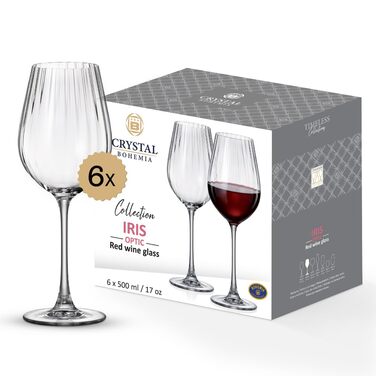Кришталеві бокали для шампанського Crystal Bohemia - набір 6 шт, об'єм 260 мл, стійкі до миття в посудомийній машині, довговічні та стійкі до подряпин - Елегантні склянки з кришталевого скла - Ідеальний подарунок для шампанського гурмана (Red Wine 500ml)