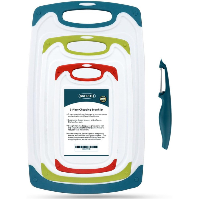 Набір з 3 дерев'яних обробних дощок SKERITO для кухні (синій, зелений, червоний) з антиковзкими ручками та жолобками для соку