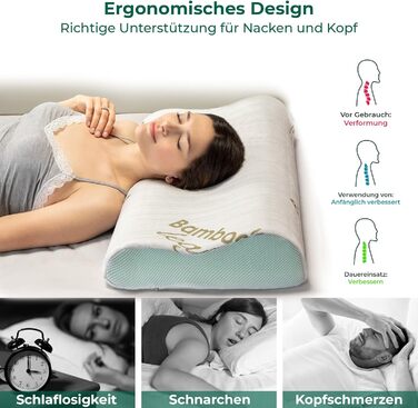 Flowen Orthopedic Neck Pillow Memory Foam Head Pillow Neck Pillow Ergonomic for Bed Helps with Neck Pain and Neck Support Pillow with Aloe Vera Treatment Washable Bamboo Cover