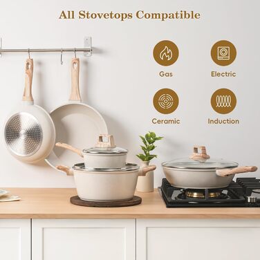 Набір каструль та сковорідок, 12 предметів, з антипригарним покриттям, індукційний, з граніту, без PFOA та PFOS, з силіконовими аксесуарами (білий)