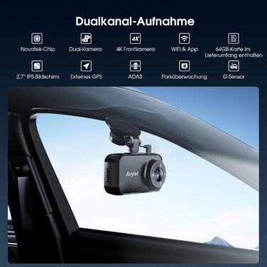 Автомобільний відеореєстратор Avylet 4K/2.5K+1080P з передньою та задньою камерами, 64GB SD карта, 5GHz WiFi, ADAS, 2.7