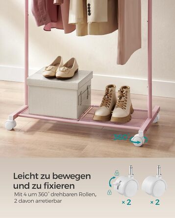 SONGMICS Clothes Rack, Rolling Garment Rack, Metal Wardrobe Stand, Rolling Wardrobe 91 cm wide, with Shelf, 2 Swivel Wheels with Brake, Rod Load Capacity up to 40 kg, HSR025A01 (Pastel Pink, 74x40.5x158cm)