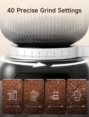 Професійна кавомолка Neretva з прецизійними жорнами, 40 штук. Електрична кавомолка з рівномірним помелом, антистатична, без залишків. Підходить для еспресо, фільтр-кави, френч-пресу, мока-кави. Сріблястий колір.