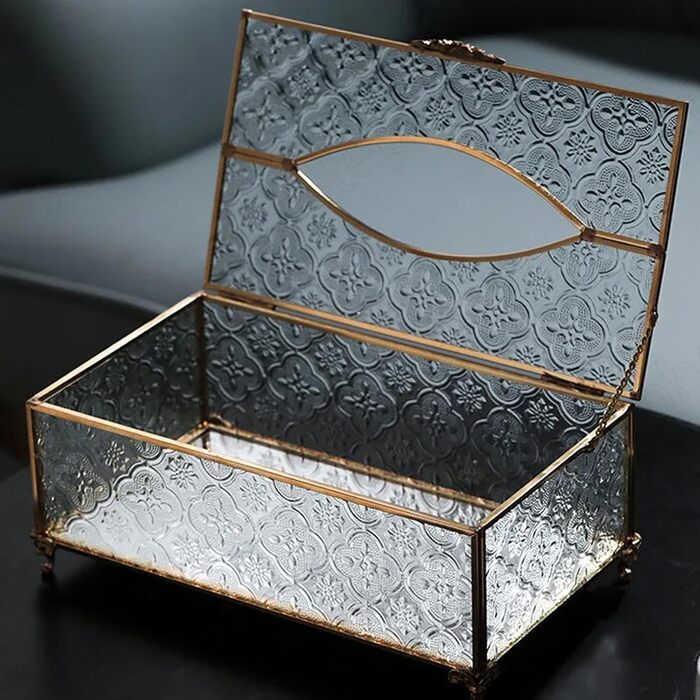 SLHEQING Tissue Box Gold Cosmetic Tissue Box Rectangular Tissue Dispenser Tissue Box made of Glass and Metal Tissue Box for Dresser Bathroom Decor Living Room Bedroom Office