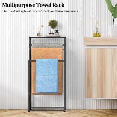 Підставка для рушників стояча, 3-ярусна з полицею з дерева, металева з регульованими ніжками, для ванної кімнати та спальні, 40x30x82 см, чорна