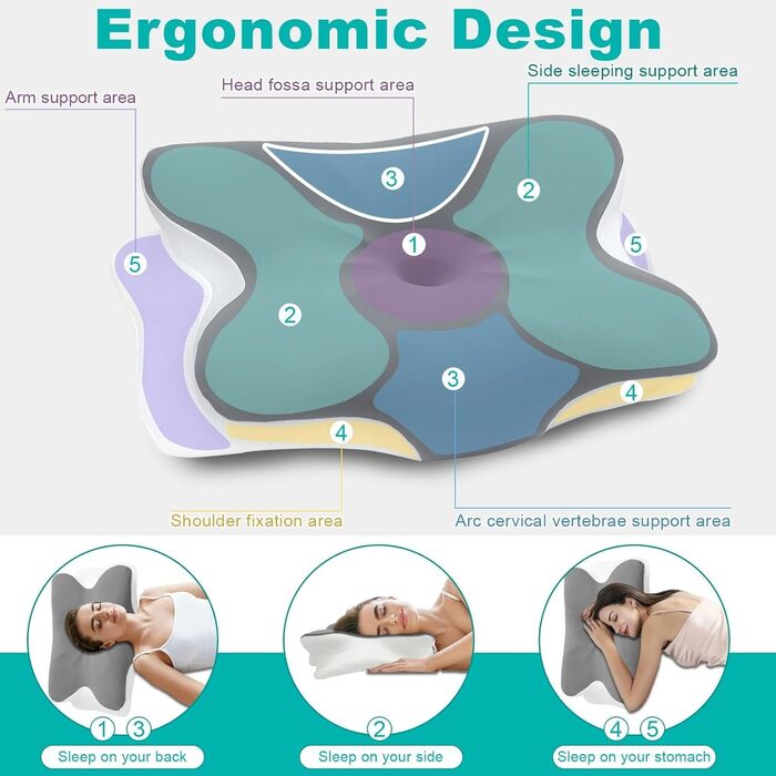 Ортопедична подушка Omtofo з піною з пам'яті для шиї, спини та сну на животі, 63 x 42.5 x 13.8/9 см