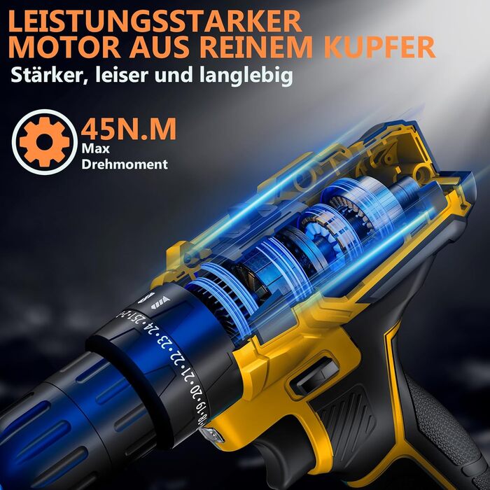 Акумуляторний шуруповерт 21V з акумулятором 4000mAh, 45Nm, 25+3 положення, 2 швидкості, LED, 2 акумулятори 2.0Ah, зарядний пристрій, для дому та саду, DIY проєкти (жовтий)