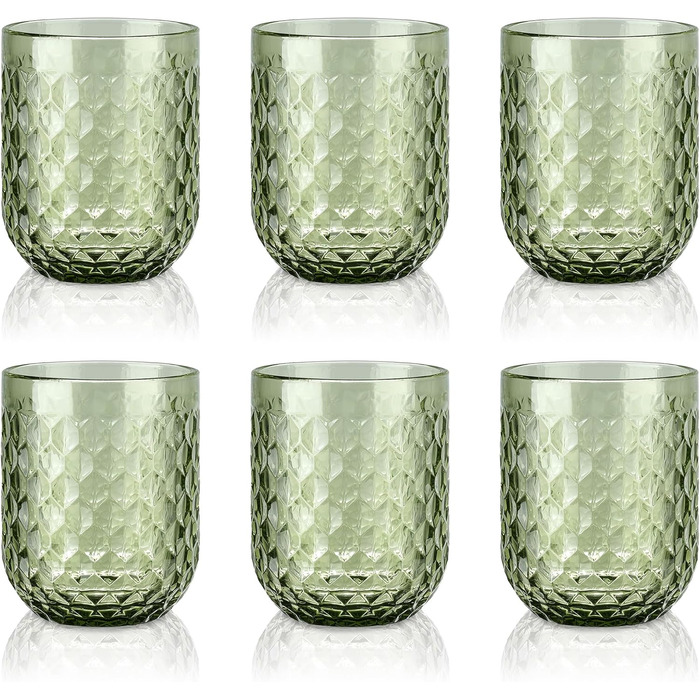 Joeyan 200ml Small Green Drinking Glasses Set of 6, Colorful Water Glasses Set with Diamond Embossed Design, Vintage Glasses Set for Home Restaurant Bar, Dishwasher Safe