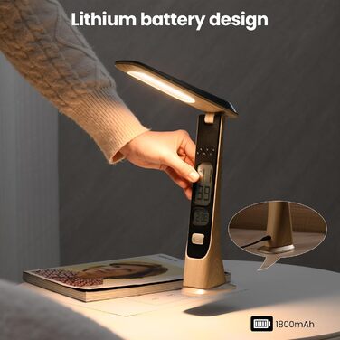 LED настільна лампа на акумуляторі, диммування, USB зарядка, годинник, сенсорне керування, портативна для дому, читання, офісу
